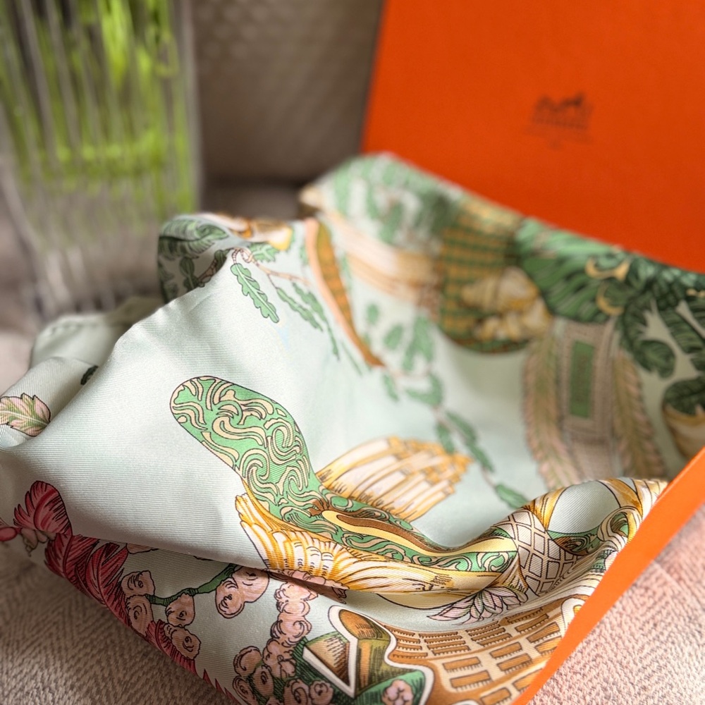 Hermes Silk Scarf in Mint Green, Gold and Pink